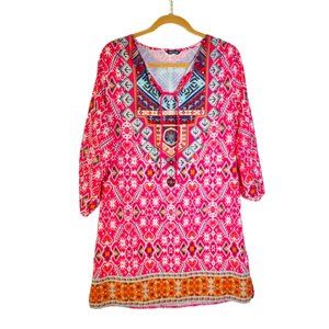 4/$25‎ Feitong Dress Mini Tribal Print V Neck Ties Side Slits Womens Sz XL